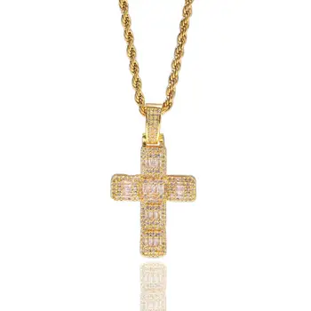 Classic Jesus Religious Jewelry High Quality Copper Plated 18k Gold Iced Out Baguette CZ Cross Pendant