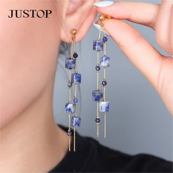New Arrival Needle Simple Natural Stone Earrings Crystal Square Tassel Ear Line Luxury Green Rhinestone Glass Beads Earring