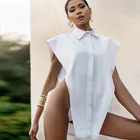 Top Fashion Top Sexy Cut Out Side Button Up White Shirt Women Fashion Clothing Sleeveless Oversized Shirts