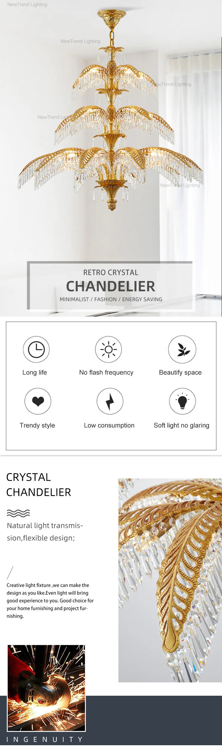CPL-148 New Product Hotel Lobby Villa Restaurant Indoor Decoration Custom LED Retro Brass Crystal Chandelier supplier