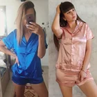 Custom Women's Shiny Slip Modern Solid Short Sleeve Shorts Satin Pajama Sets PJ Sleepwear Sets