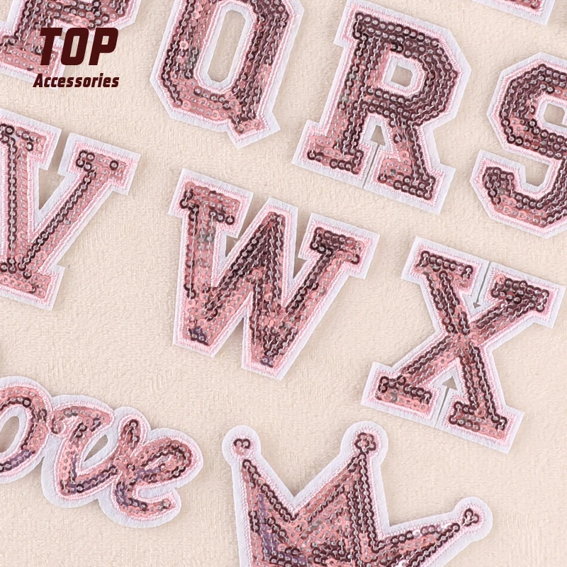 Handmade Sequin English Embroidery Iron-On Letter Patches for Cosmetic Bag Decoration