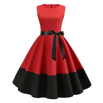 Summer 50s 60s Retro Casual Sleeveless Elegant Robe Rockabilly Party Black Red Retro Vintage Midi Dress