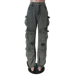 Cargo Pants Women's Fashion High Waist Straight Baggy Jean Aesthetic Multi-Pocket Trousers