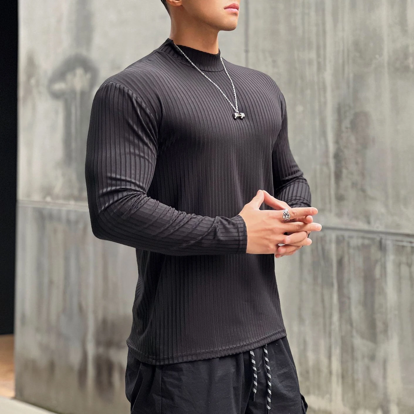YIYI Autumn Ribbed High Elastic Workout T-shirts Men Pull Over Quick Dry Breathable Sports T-shirts Long Sleeve T-shirt For Men