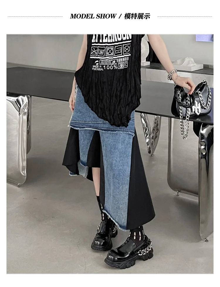 Summer Color Contrast Irregular Patchwork Skirts for Women High Waist Fashion Long Denim Skirt details