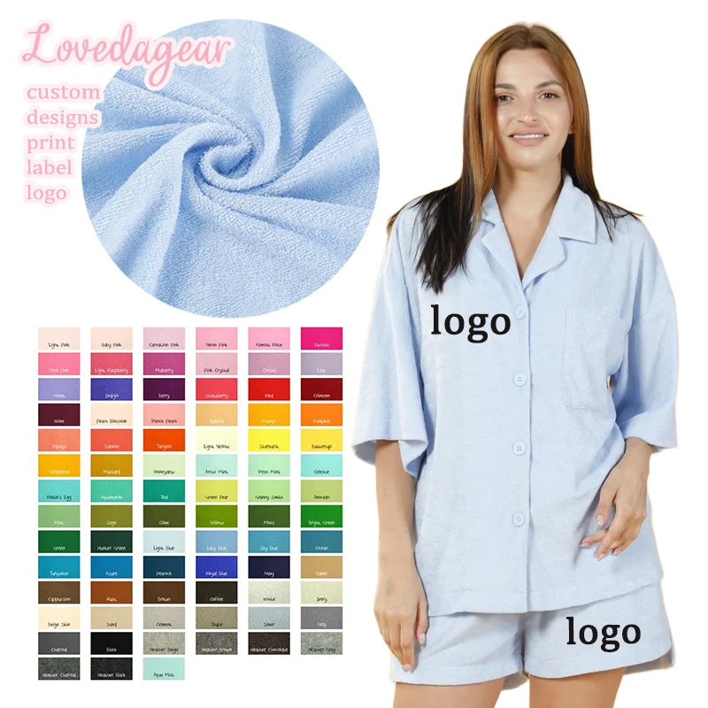 Wholesale Toweling Plus Size Custom Blank Women Two Piece Loungewear Pajama T Shirt and Shorts Set