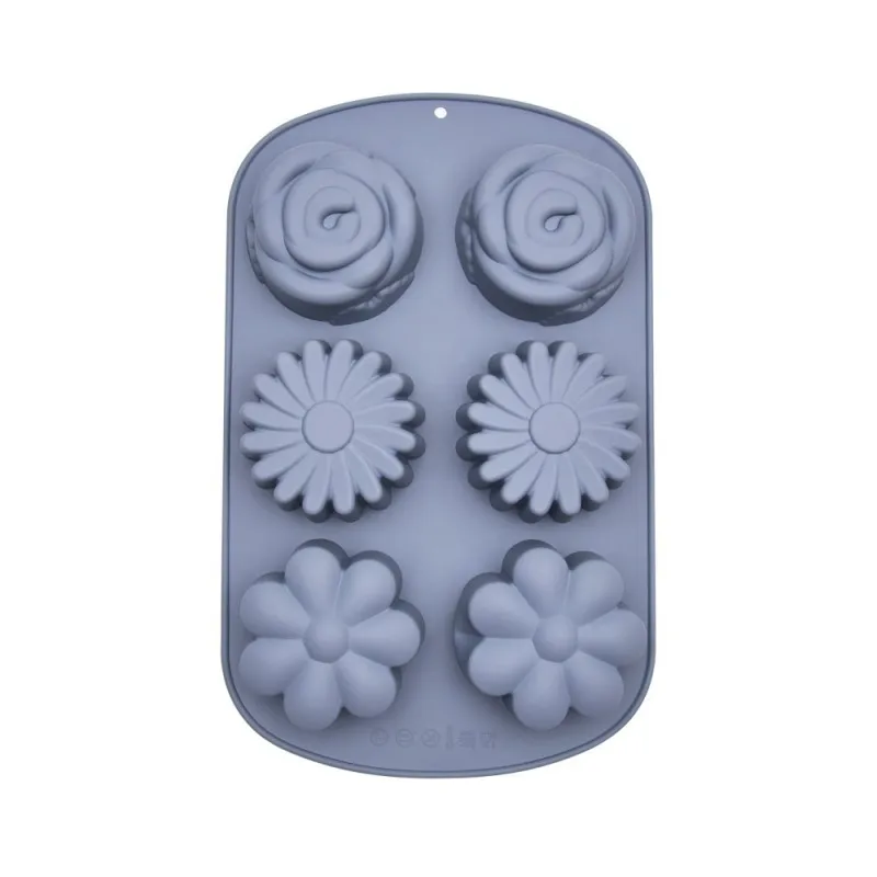 Custom Pink Blue Gray Flower Shape 6 Cavity Unique 6 Compartment Cake Mold with Color Paperboard Package Flower Muffin Pan