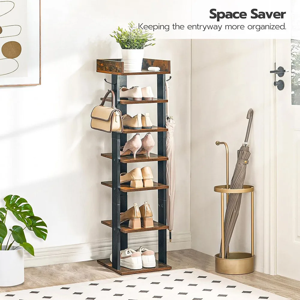 7 Tier Rustic Brown Wooden Vertical Shoe Rack Modern Design Narrow Space-Saving Shoe Tower for Bedroom & Living Room details