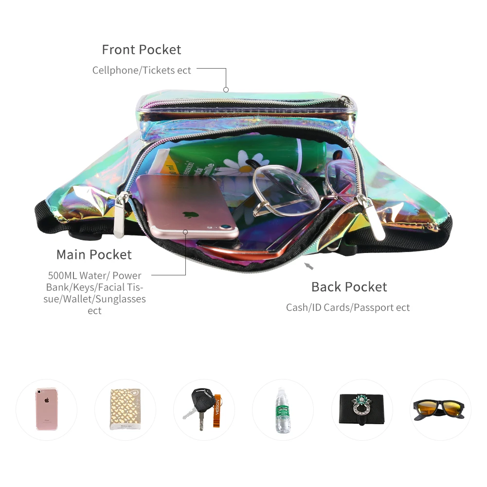 Customized summer ladies laser waterproof fanny packs PU leather rainbow waist fanny pack