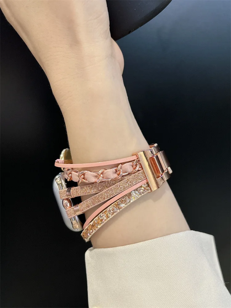 Bohemian Leather Chain Bracelet For iWatch 9/8/7/6 Fashion Luxury Women Heart Diamond Glitter Watch Straps For Apple Watch 49/45