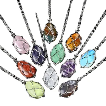 Popular Replaceable Random Crystal Stone Pendant Necklace New Adjustable Mesh Titanium Steel Pendant Chain Necklace