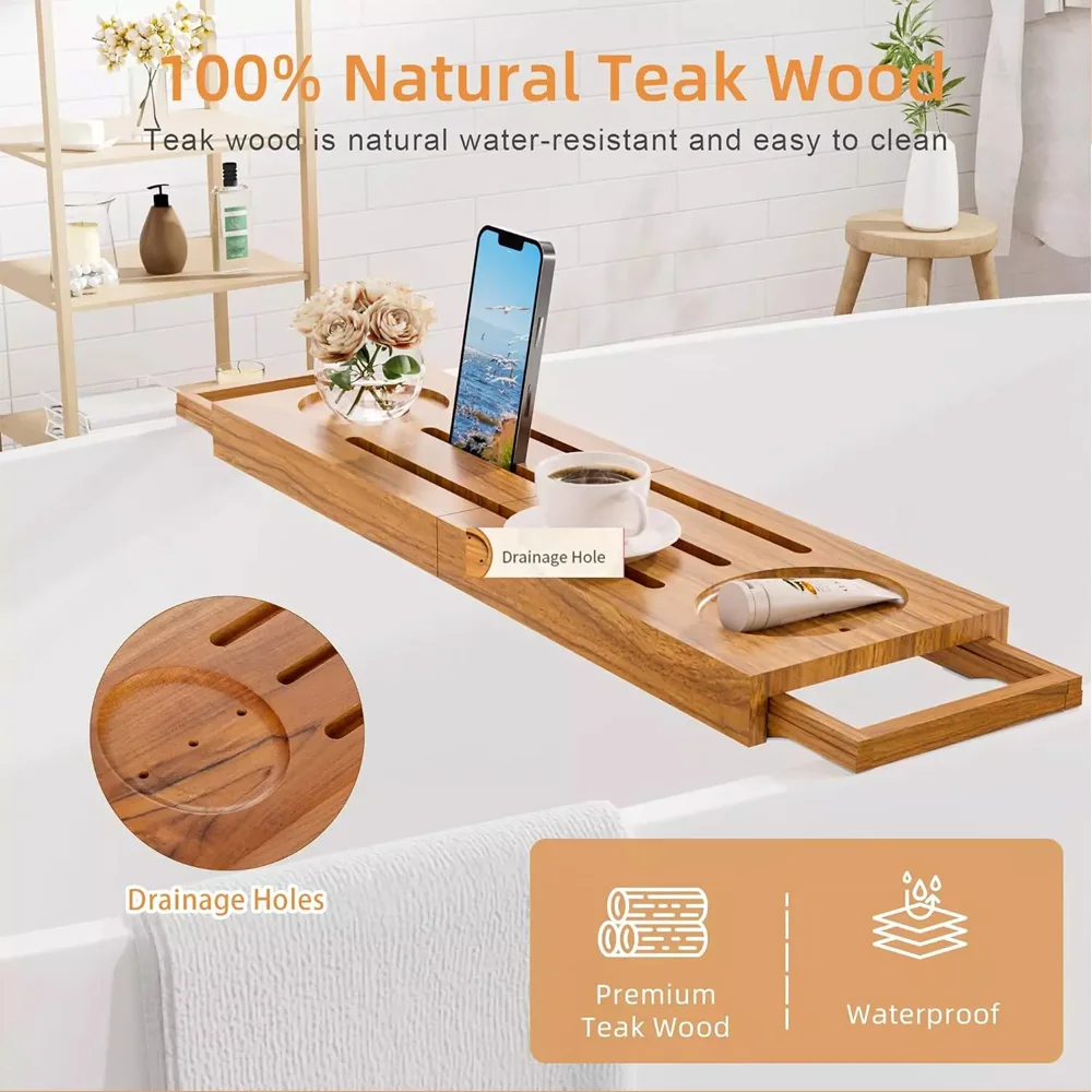 product expandable teak bathtub caddy tray with wine glass holder tablet phone stand soap dish foldable bathroom organizer-9