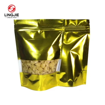 Lingjie Gold And Sliver Shiny Colored Aluminum Mylar Foil Clear Window Reclosable Stand Up Bags For Candy