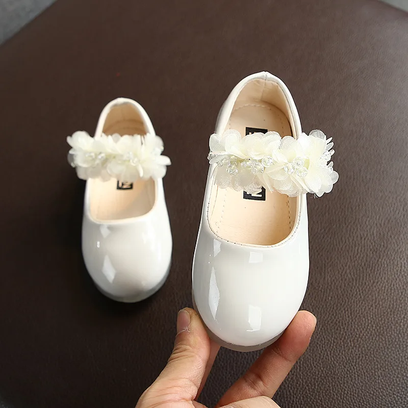 Spring and Autumn New Solid Color Girls' Lace Single Shoes Children's Flat Bottom Leather Shoes Fashion Baby Shoes