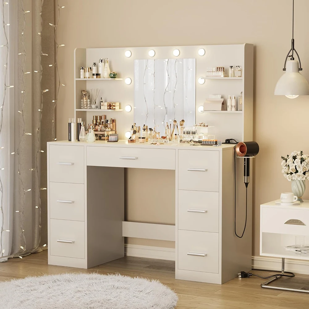 Bedroom Modern Wood Dressing Vanity Desk with Mirror LED Lights Power Outlet Makeup Table with 7 Drawers 6 Storage Shelves manufacture