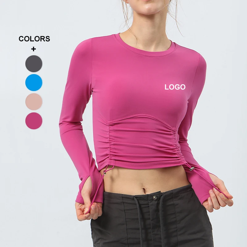 2023 Fall Winter women's round neck sports T-shirt running fitness top drawstring scrunch Yoga shirt long sleeve tops