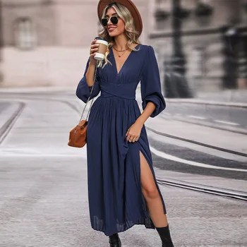 Amazon 2024 Spring European and American Women's New Long-sleeved Solid Color Dress Mid-length lady girl clothing
