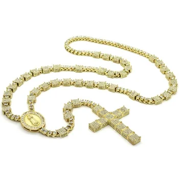 Duyizhao Men Hip Hop Gold Cz Iced Out Rosary 3D Cube Cluster Guadalupe Cross Pendant Long Chain Necklace