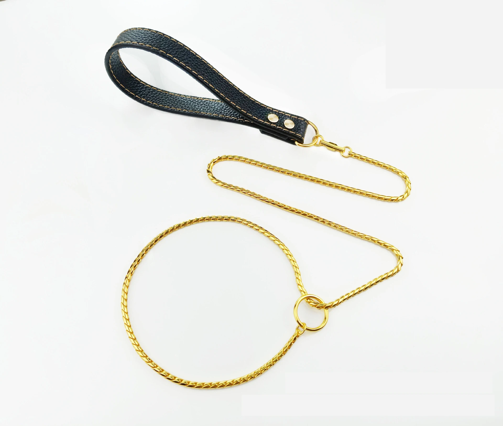 Snake Dog Collar and Leather Chain Stainless Steel Dog Leash with Leather Handle