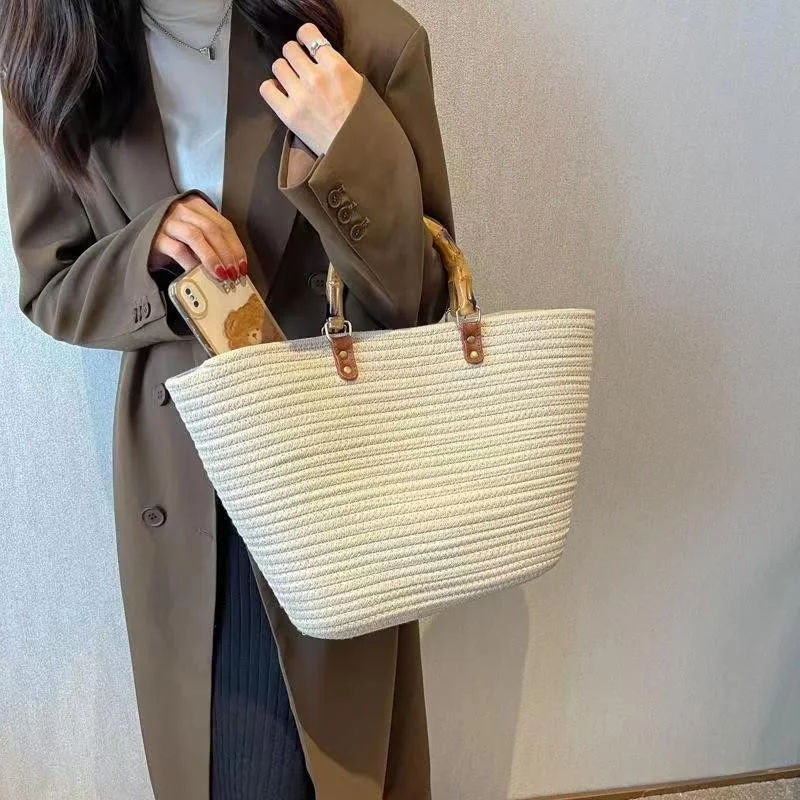 HUAYI  Cotton rope braided color customized Hand-woven bag with wooden handle