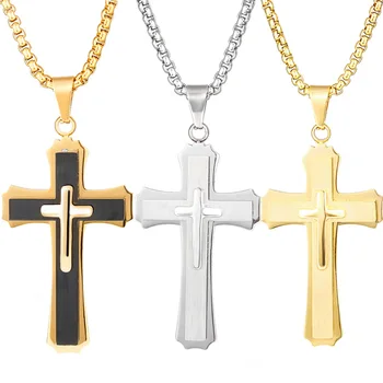 High Quality Diamond Christian Religion Jewelry Gold Plated Stainless Steel Chain CZ Micro Pave Cross Pendant Necklace
