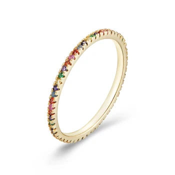 Peishang Women 925 Sterling Silver Gold Plated Band Multi Color Stone Diamond Full Rainbow Ring