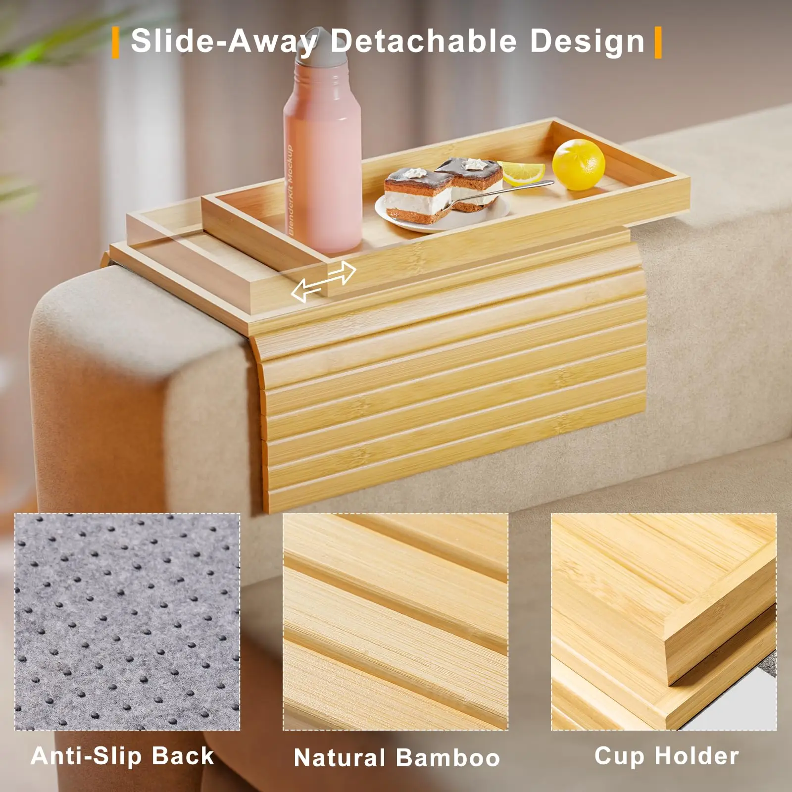 product 2 in 1 bamboo sofa armrest tray sliding detachable anti slip foldable frame beverage cup holder mobile tv remote storage tray-8