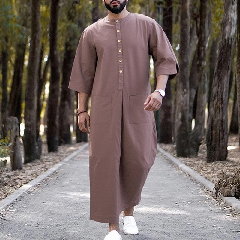 Dubai's New Men's Linen Abaya Southeast Asian Muslim Style Long Sleeve Loose Stand Collar Door Tube Robe Middle Eastern Ethnic supplier