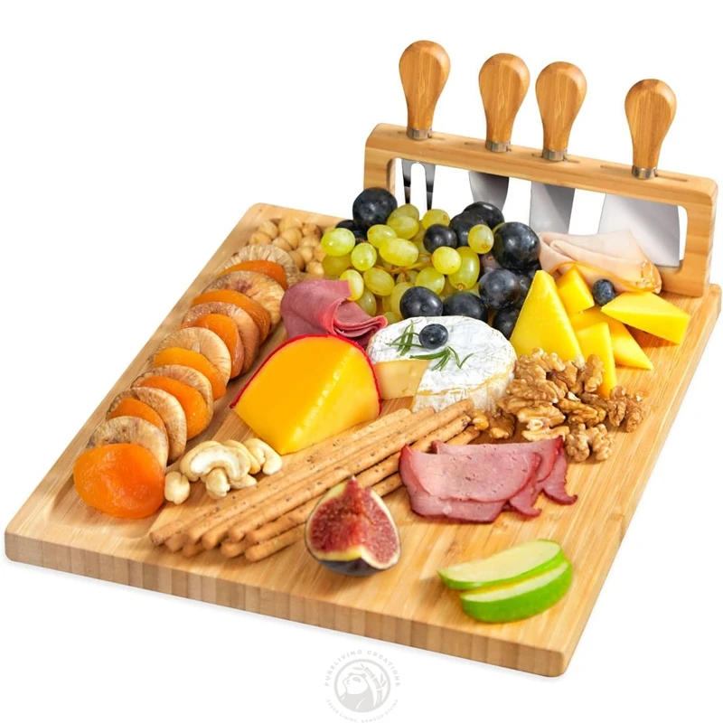 Hot Serving tray Wood Bamboo Cheese Board Set with Cutlery In Slide Out Drawer Cheese Platter Cutting Board wholesale