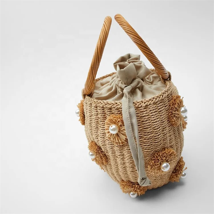 Fashion Flower Pearls Rattan Buckets Bag for Women Luxury Design Woven Handbags Summer Beach Straw Large Tote