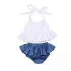 White Vest White Suspender Sleeveless Vest Top Blue Ruffle Shorts Summer Sets 2021 For Baby Girls