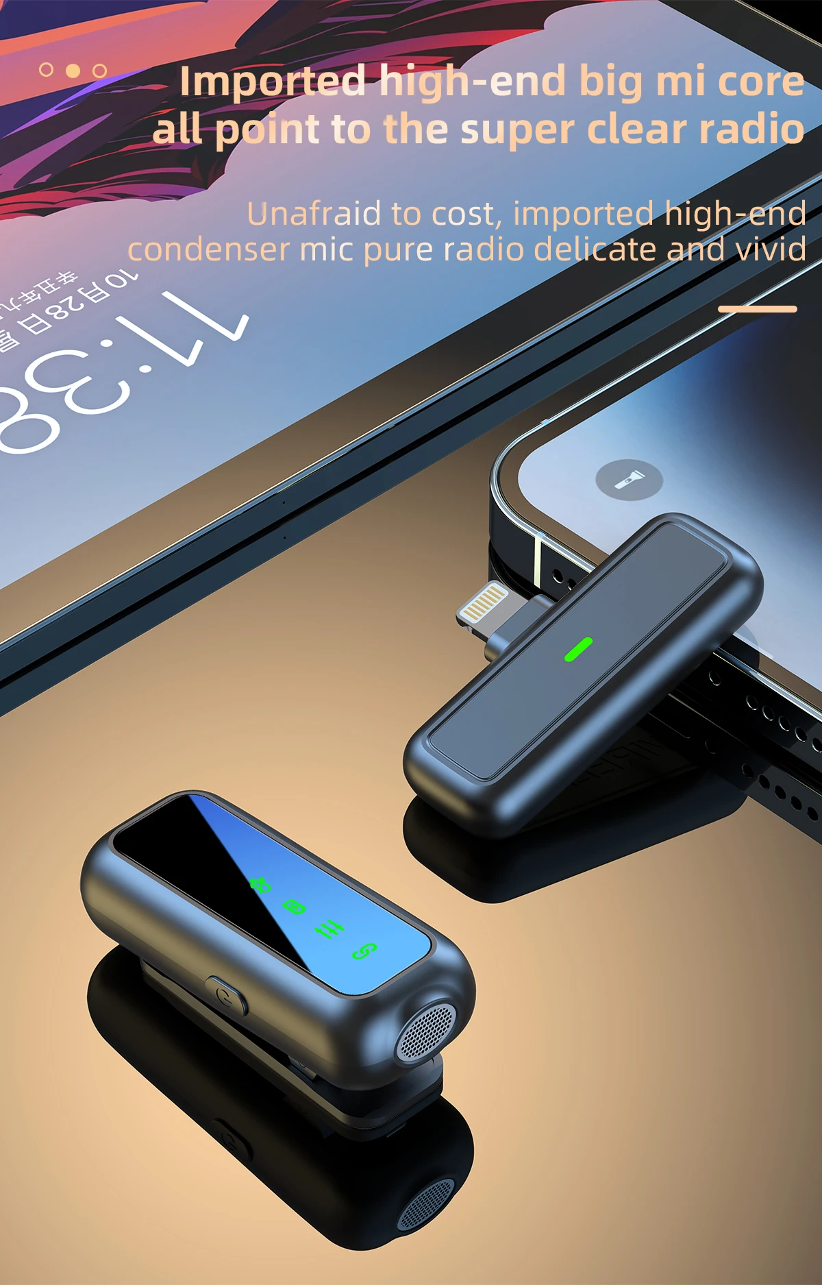 SX6 Lot de 2 microphones cravate sans fil pour iPhone et iPad avec étui de chargement et affichage numérique.