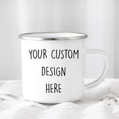 wholesales 12oz custom logo reusable rolled rim metal steel tin enamel camping sublimation blanks coffee tea cup mug with handle