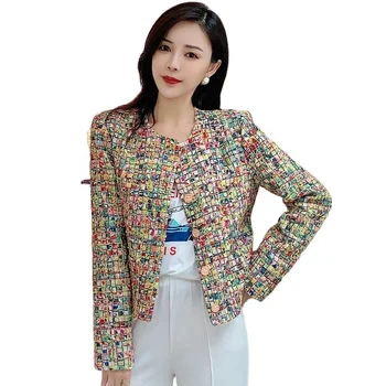 French temperament cropped top spring and autumn new style camouflage plaid woven tweed small fragrant jacket women
