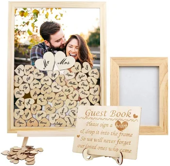 Rustic Wooden Picture Frame Wedding Guest Sign Book with Wooden Hearts