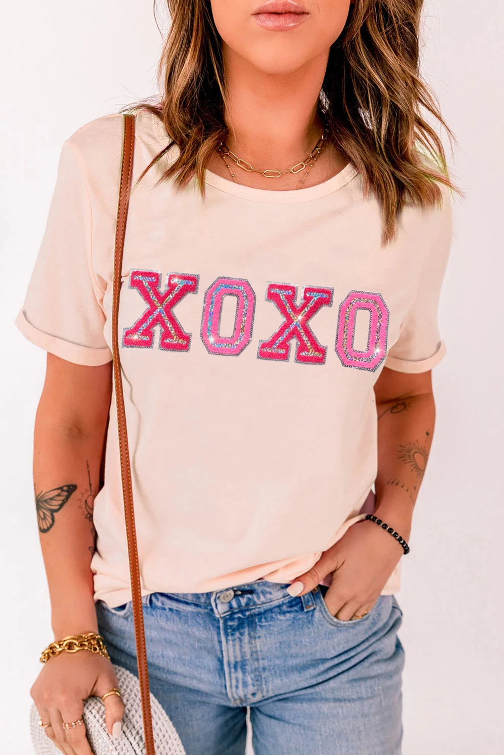 Dear-Lover Pink Valentines Shiny Xoxo Graphic Oversized T-Shirt For Women