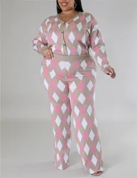 Knit Plaid Women's Set Long Sleeve Sweater Cardigan and Wide Leg Pants 2023 Two 2 Piece Set