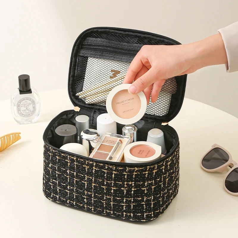 Fashion Ladies Makeup Organizer Storage Bag with Handle Plaids Large Capacity Cosmetic Bags Cases Travel Toiletry