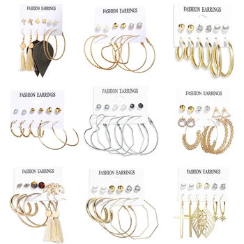 Hot Selling Earring Set For Women Alloy Hoop Stud Earrings Jewelry Mixed Designs Leather Tassel Resin Pearl Earrings
