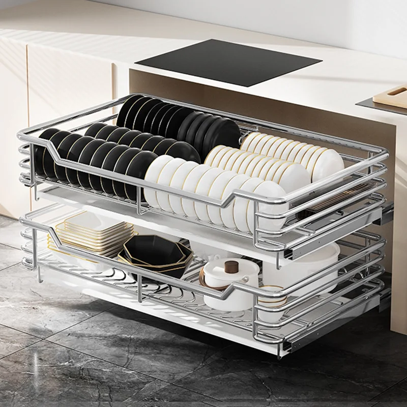 Chinese Stainless Steel Kitchen Drawer Basket Stainless Steel Basket Kitchen Cabinet Pull Out Basket Storage Rack Double Drawer