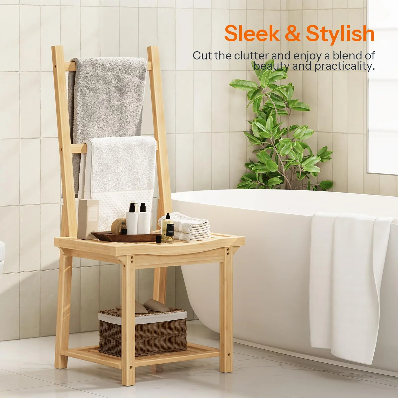 product wooden shower bench towel ladder rack with 2 tier storage shelf free standing spa hotel bathroom organizer furniture-4