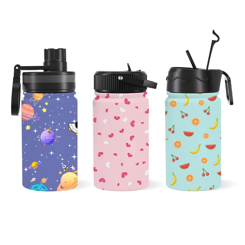Popular Cartoon Pattern Kids Reusable Double Wall Custom Stainless Steel Drink Cups with Straws