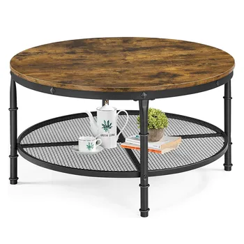 Two-Level Retro Style Brown Round Coffee Table With Iron Mesh Storage Rack For Living Room Multifunction Coffee Table Vintage
