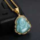Jade Pendant Latest New Green Jade Red Purple Agate Stainless Steel Laughing Buddha Pendant Necklace For Women