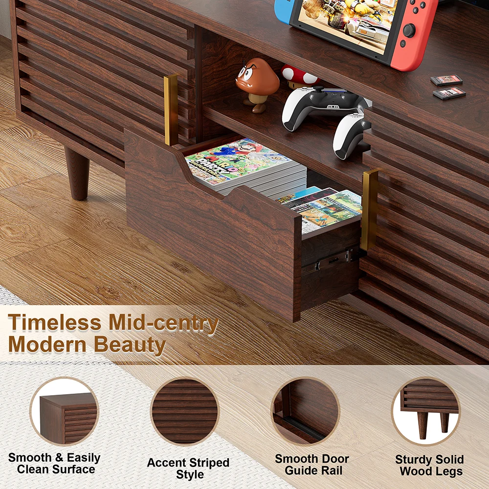 Home Mid-Century Modern Brown TV Stand Wood TV Console Drawer Sliding Door for Dining Living Room Media Entertainment Center details