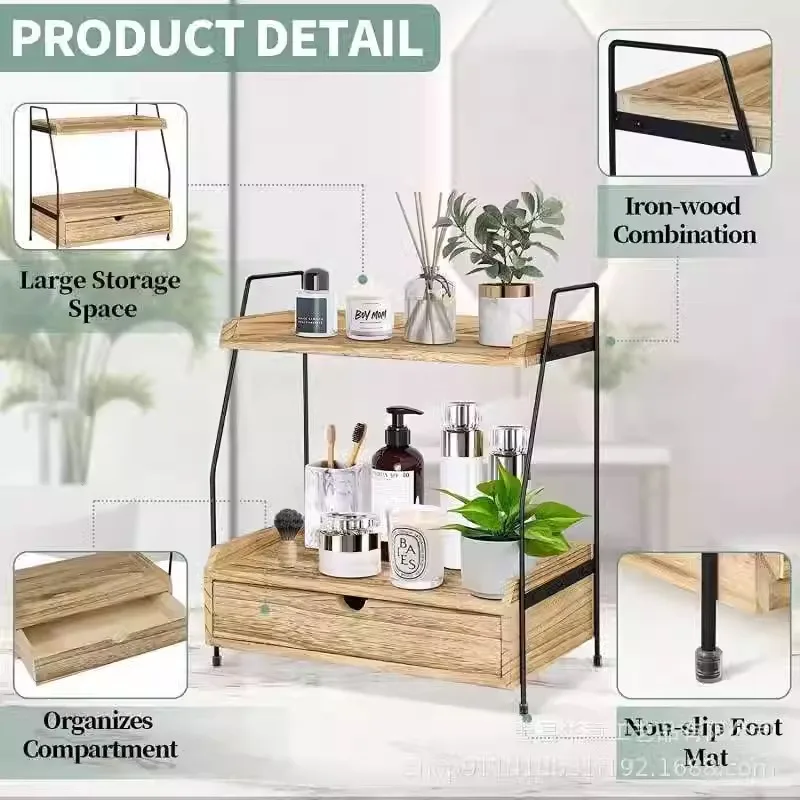 Custom Modern Single Folding Standing Type Metal Organizer 2-Tier Wood Furniture Cabinets Clothing Spices 2-in-1 Double Storage