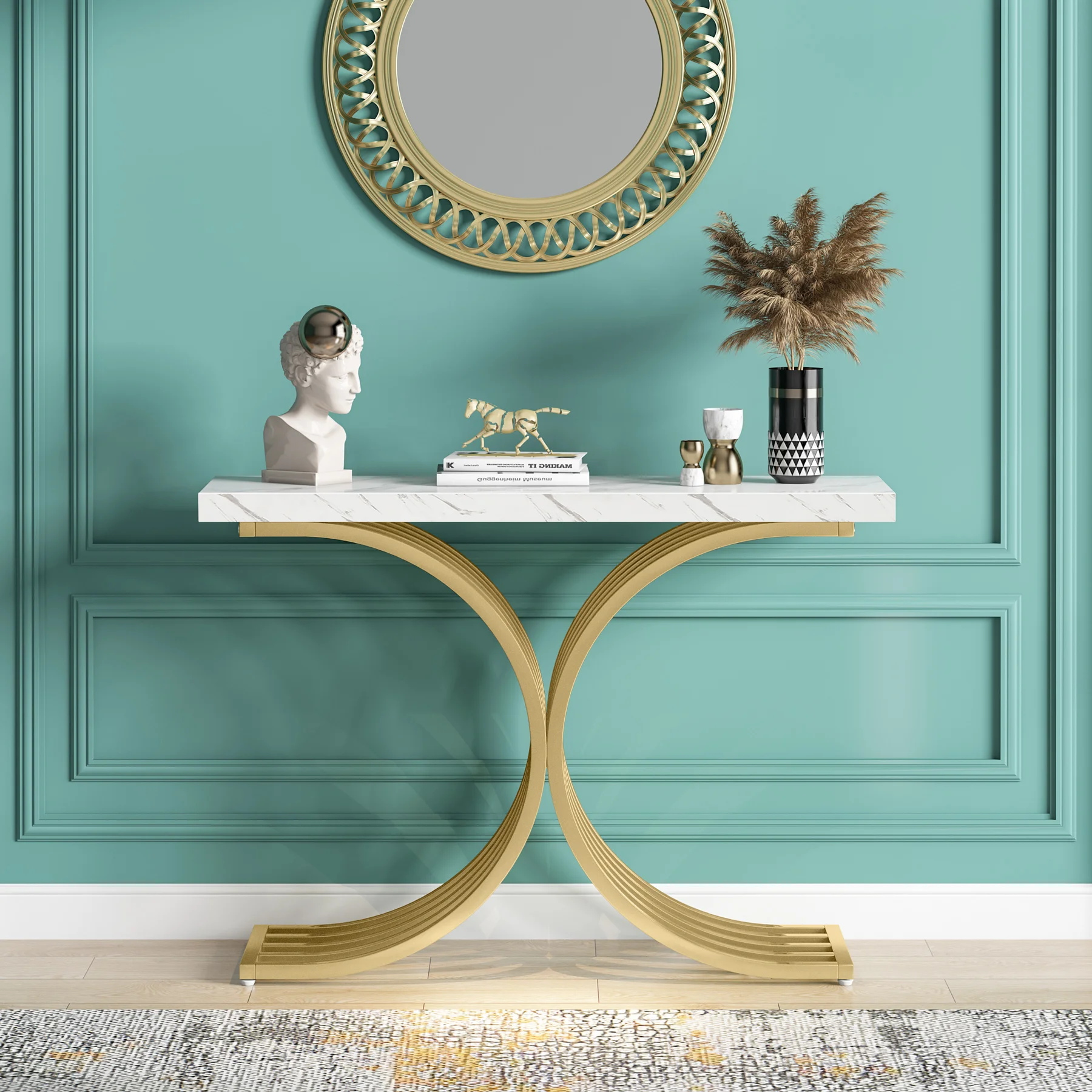 Tribesigns Wooden Luxury Living Room Furniture Modern White Faux Marble Top Gold Metal Console Table