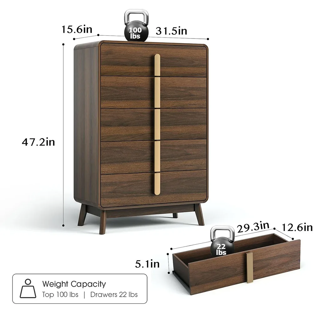 product modern mid century tall dresser with 5 drawers large wood organizer for bedroom or living room efficient storage furniture-5
