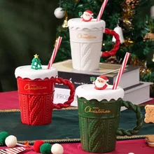 Classic Christmas Party Souvenir Gift Santa Tree Design Ceramic Cups With Lid 400ml Coffee Mugs Water Tea Milk Cups